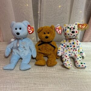 Ty Plush Trio: Blue, Brown, and Multicolored Bears